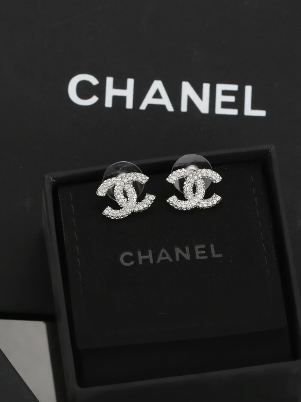 CHANEL Silver Crystal CC Logo Stud Earrings - Silver